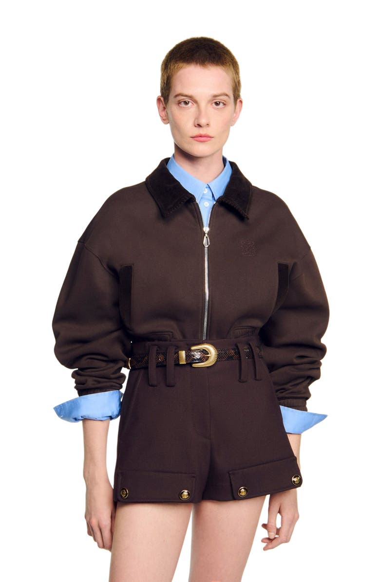 SANDRO Cropped dual-fabric sweatshirt, Alternate, color, Brown