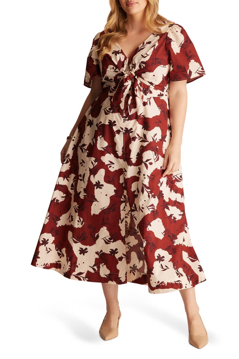 Nadja Floral Cotton Midi Dress, Main, color, MAROON/CREAM