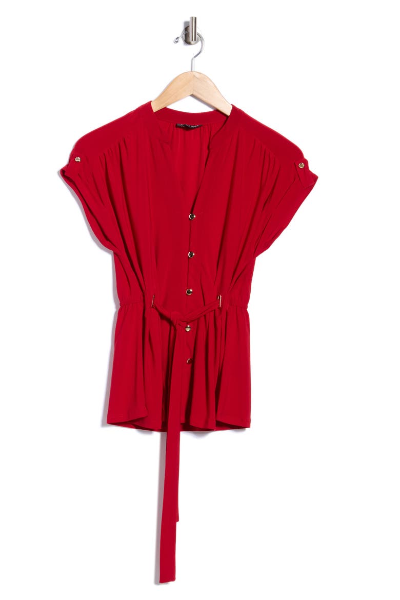 Roll Tab Button Front Blouse, Alternate, color, RED