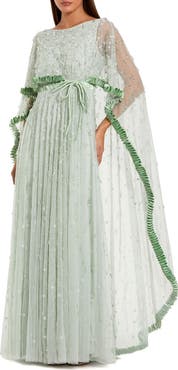 Mac Duggal Beaded Cape Sleeve Gown with Ruffled Trim Detail
