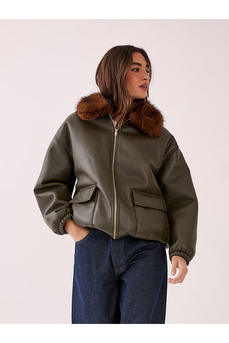 Faux Fur Collar Bomber Jacket, Main, color, Khaki