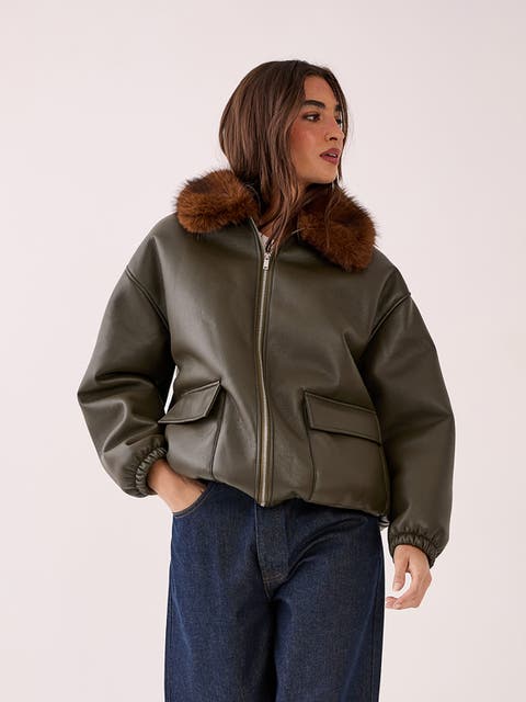 Faux Fur Collar Bomber Jacket