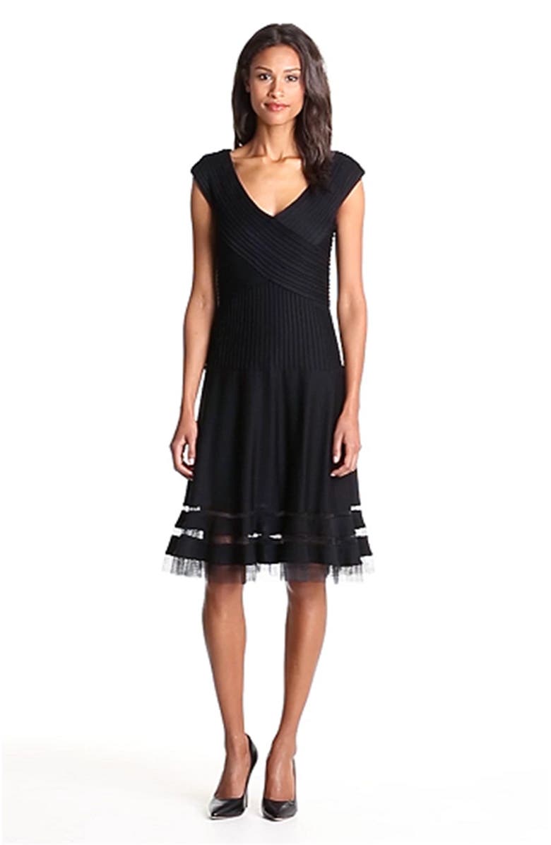 Tadashi Shoji V-Neck Tulle Trim Fit & Flare Dress, Alternate, color, 