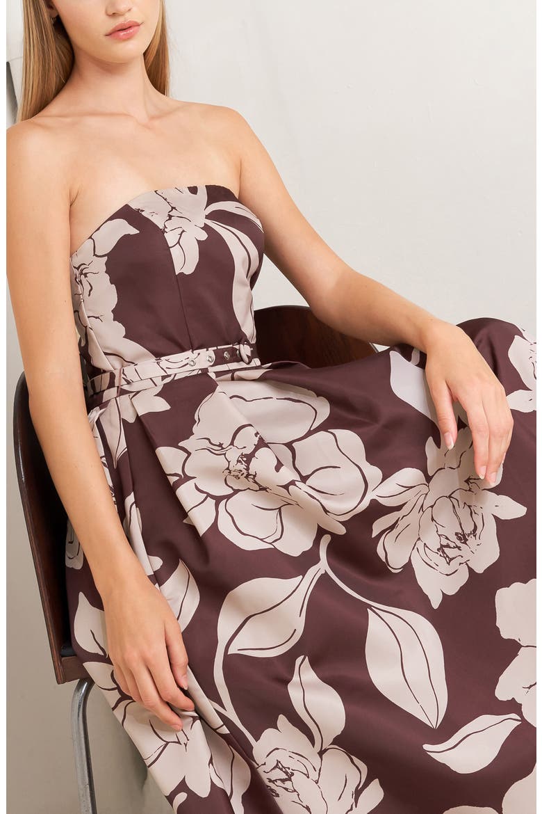 Print Strapless Midi Dress, Alternate, color, BURGUNDY