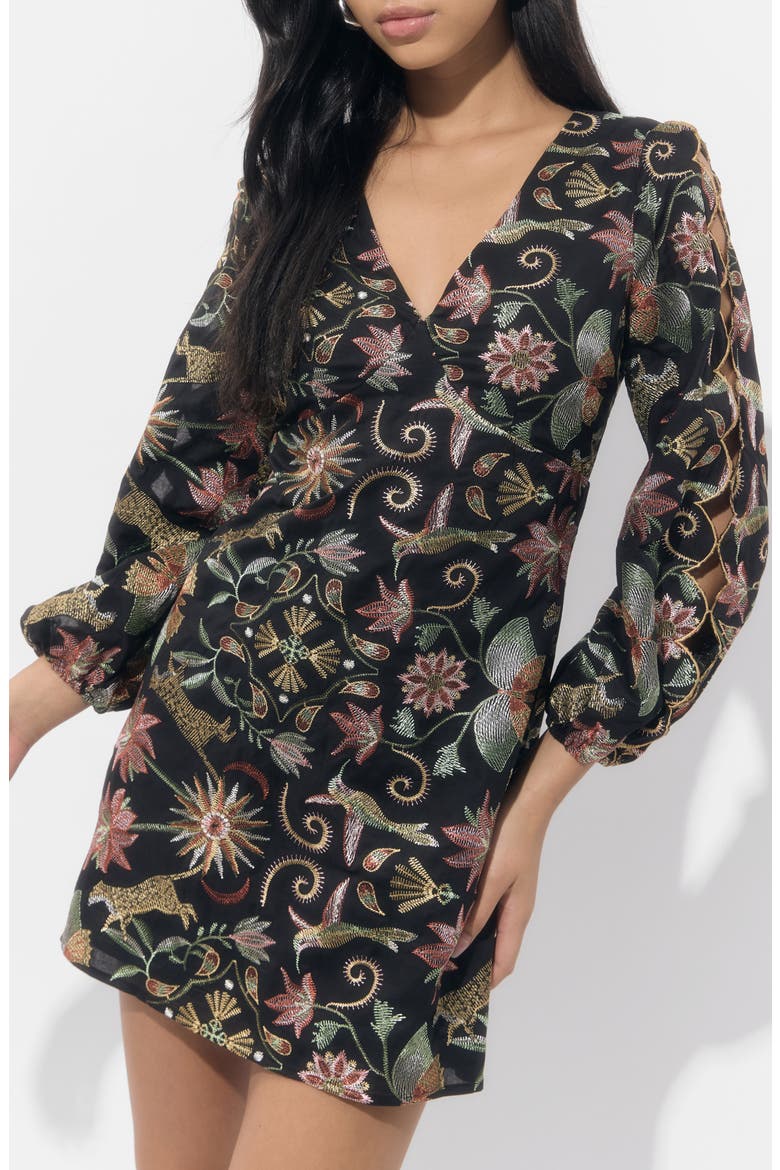 Juno Embroidered Blouson Sleeve Minidress, Alternate, color, BLACK