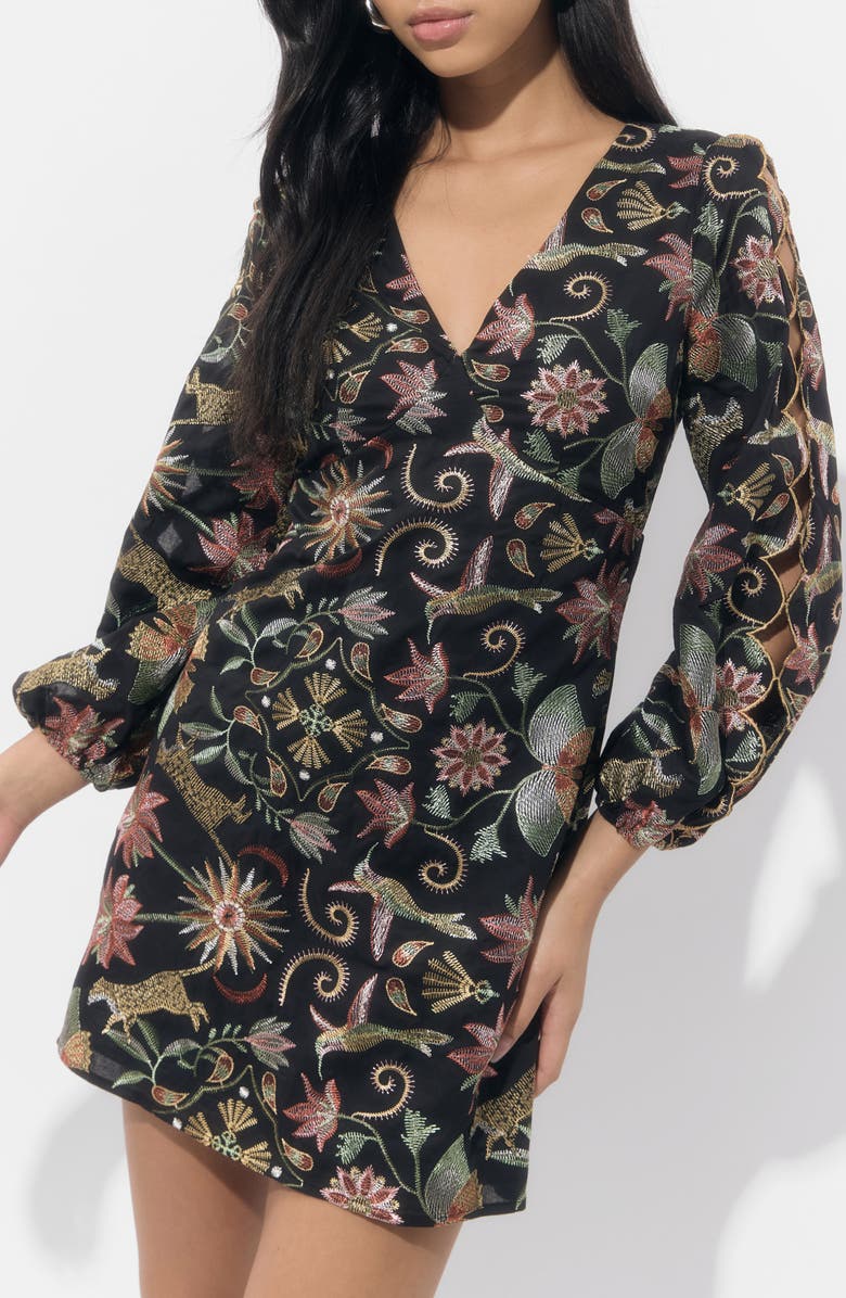 Adelyn Rae Juno Embroidered Blouson Sleeve Minidress, Alternate, color, Black