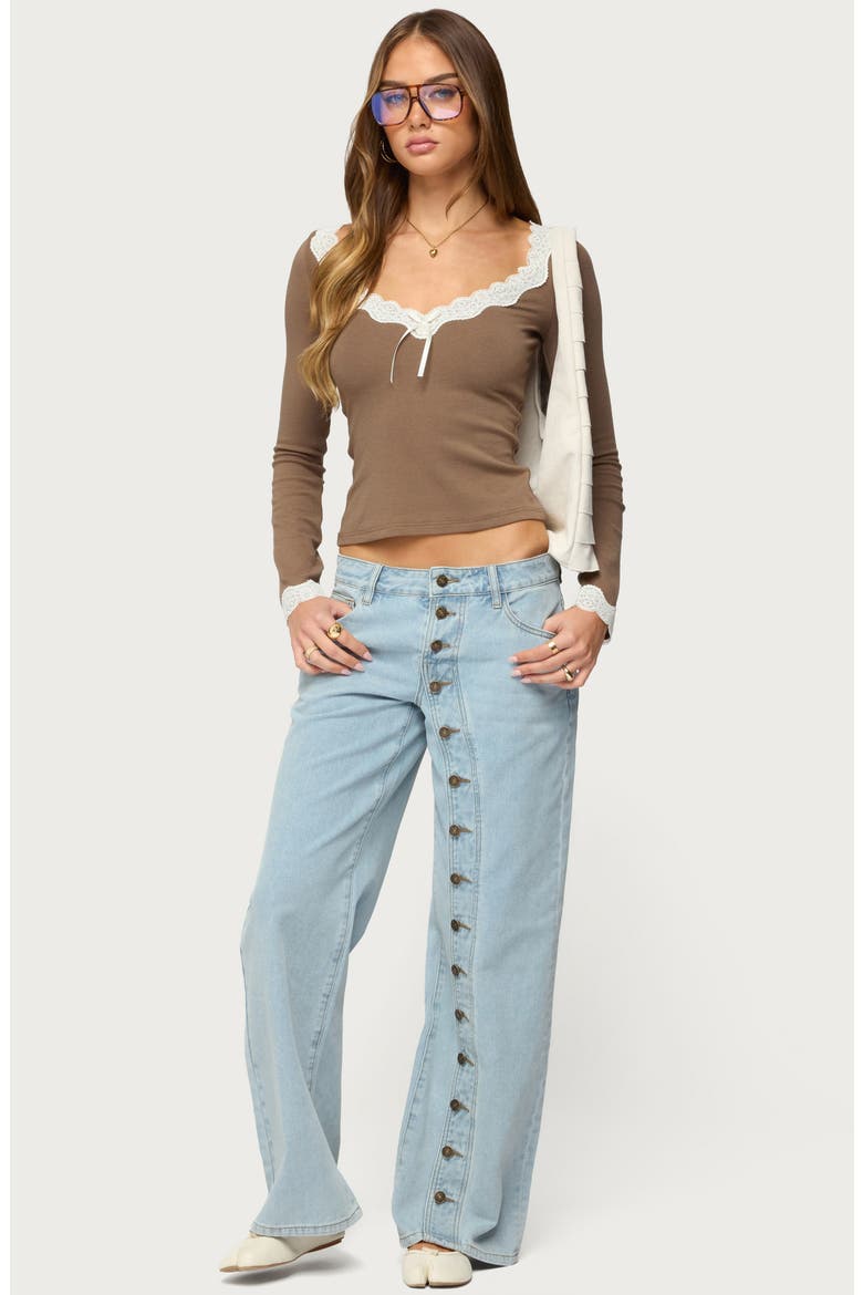 Contrast Lace Trim Long Sleeve Top, Alternate, color, BROWN