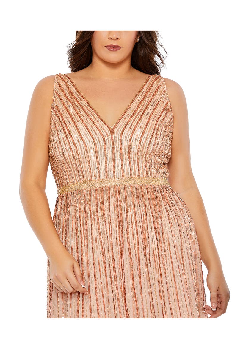 Sequined Striped Sleeveless V Neck A Line Gown, Alternate, color, APRICOT