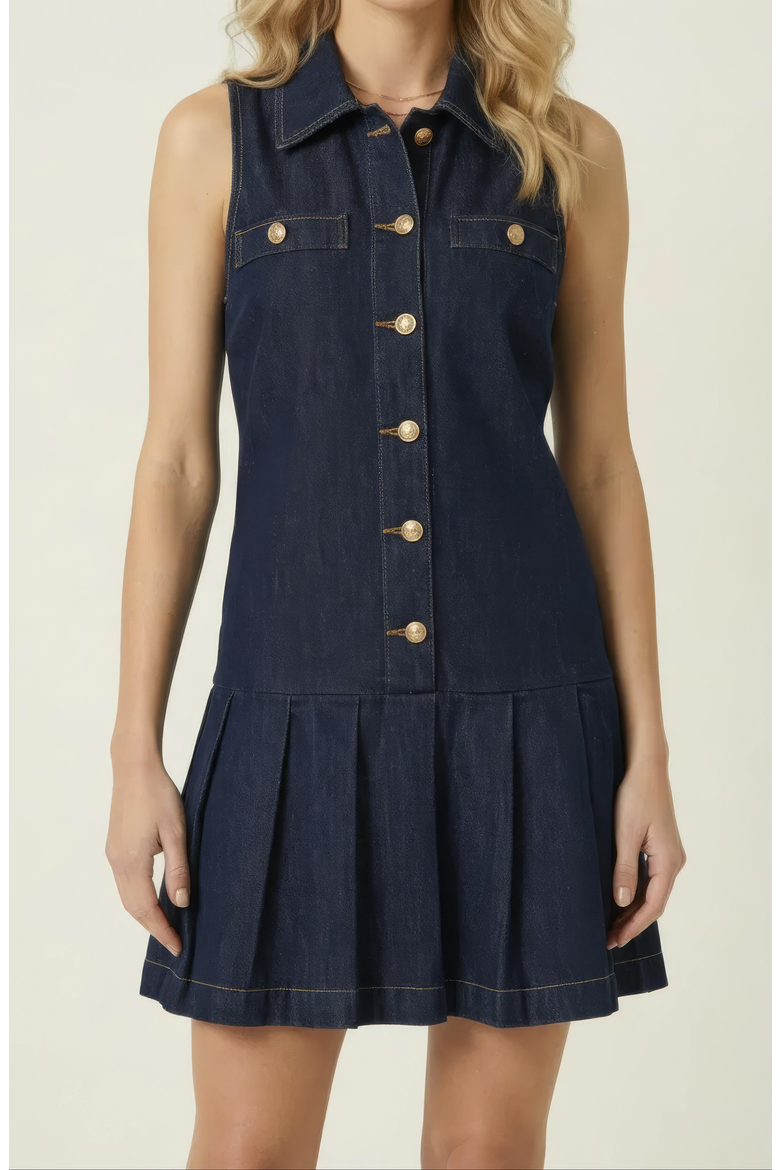 Sleeveless Denim Mini Dress with Pleated Hem, Alternate, color, Navy Blue