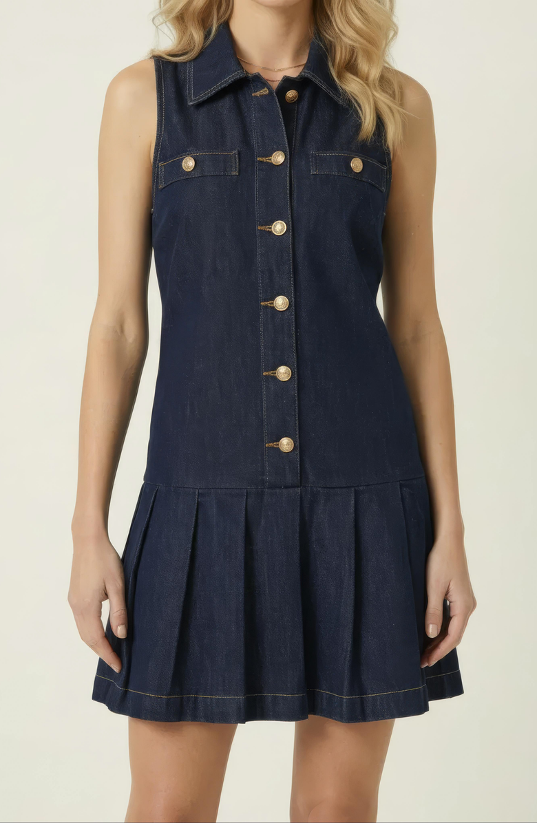 Modenaire Sleeveless Denim Mini Dress with Pleated Hem, Alternate, color, Navy Blue