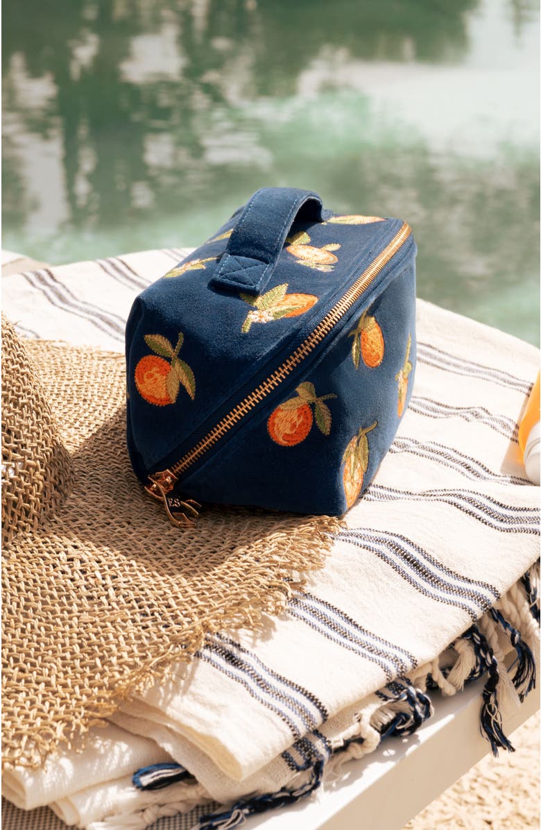 Elizabeth Scarlett Orange Blossom Open Flat Velvet Makeup Bag, Alternate, color, Cobalt