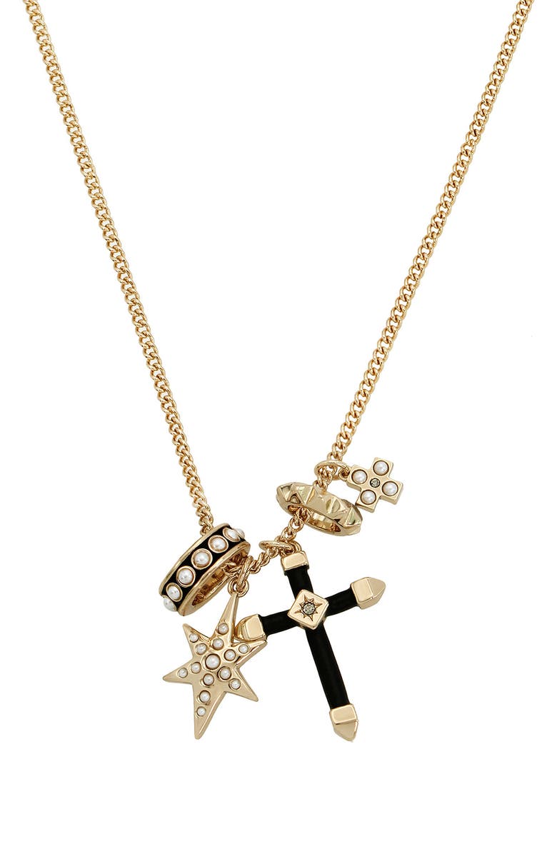 AllSaints Resin Faux Pearl Charm Cluster Pendant Necklace, Alternate, color, Gold