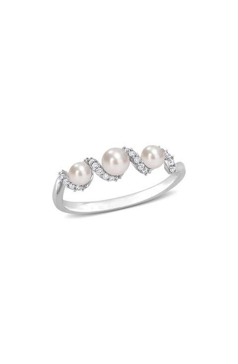 14K White Gold 3.5–4mm Cultured Freshwater Pearl & Diamond Ring - 0.10ct.