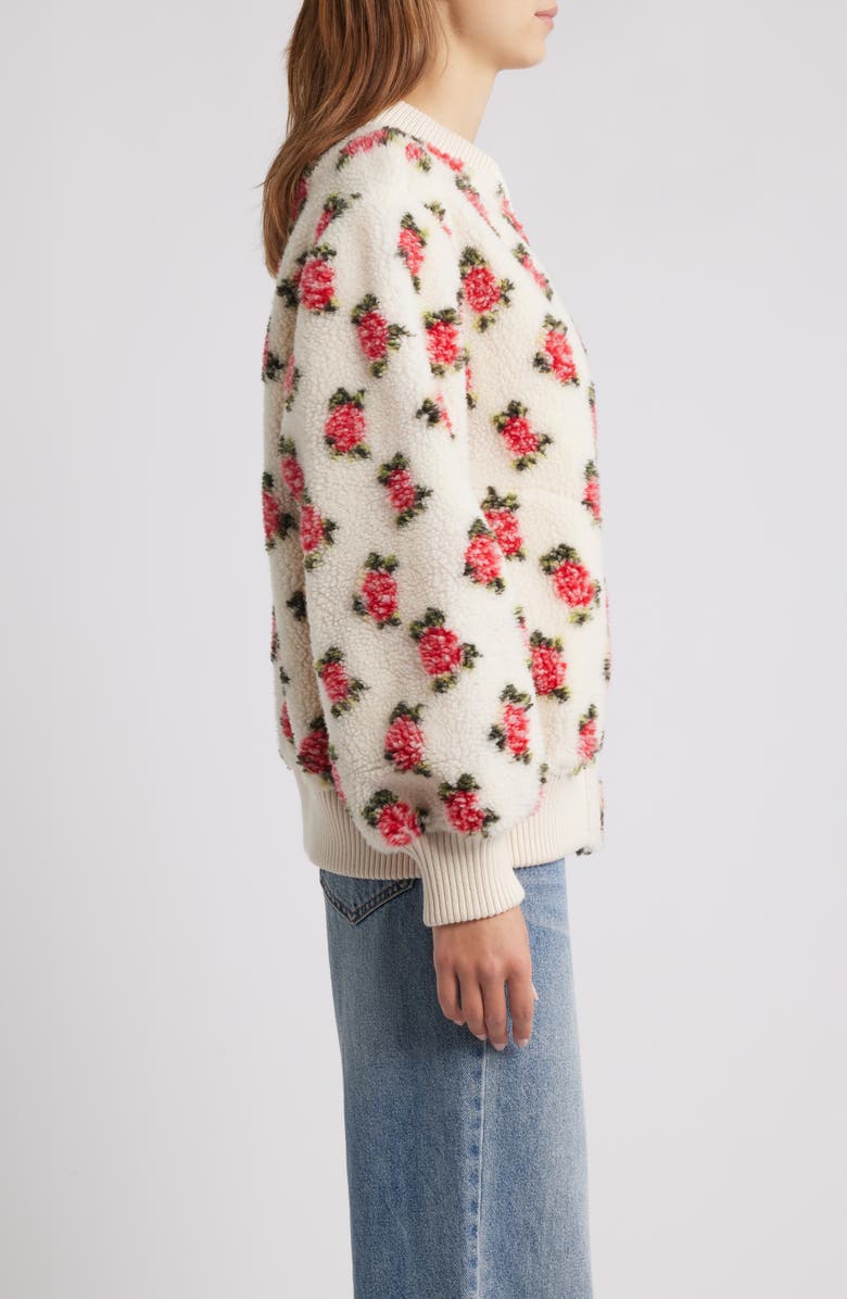 THE GREAT. Floral Zip Front High Pile Fleece Bomber Jacket, Alternate, color, Cream Rose