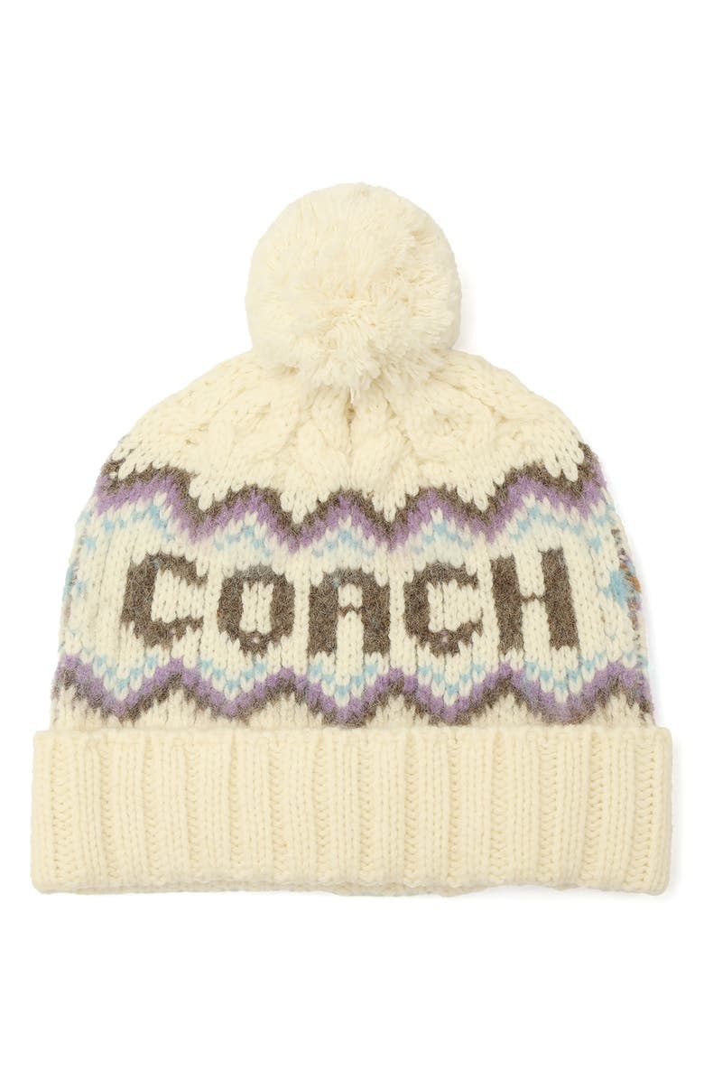 COACH Fair Isle Wool Blend Pom Beanie, Main, color, Chalk Multi