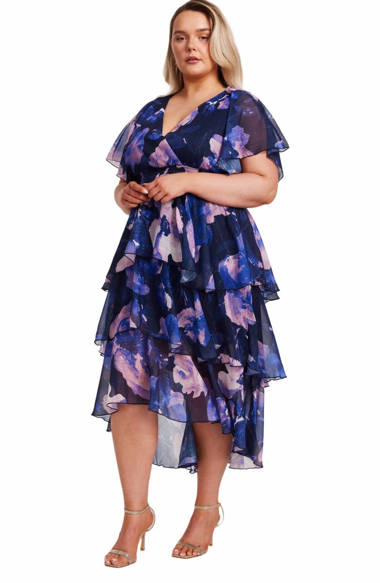 QUIZ Plus Size Front Wrap Midi Dip Hem Dress, Alternate, color,