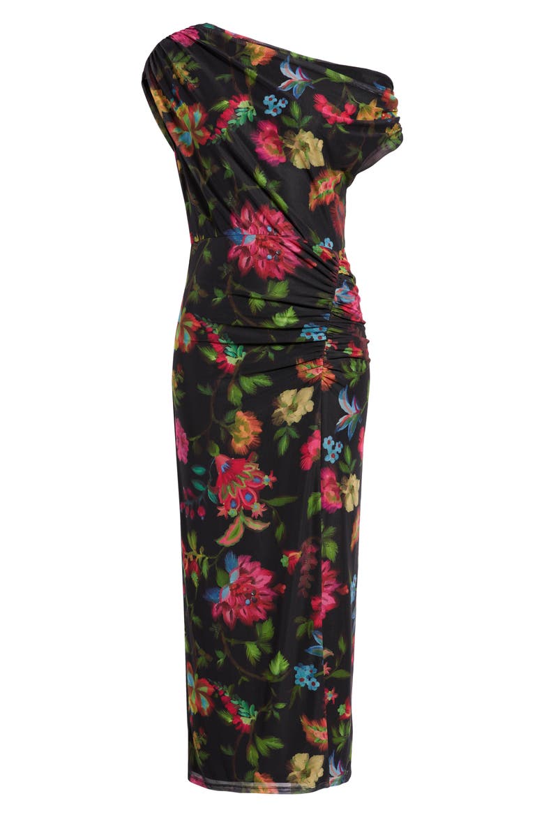 Floral One-Shoulder Mesh Maxi Dress, Alternate, color, BLACK
