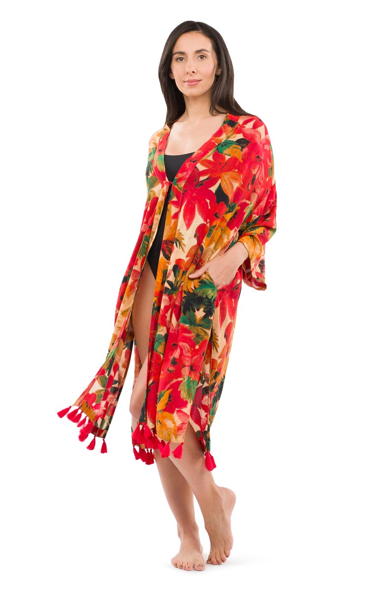 Patricia Nash Floral Tassel Trim Ruana, Alternate, color, Print