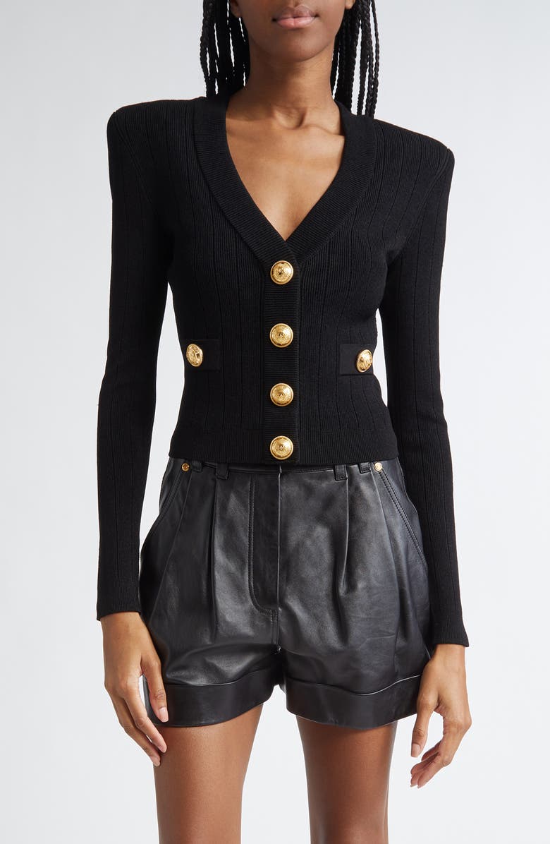 Balmain Button Detail Rib V-Neck Cardigan, Main, color, Black