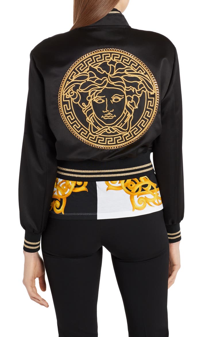 Embroidered Medusa Logo Back Satin Bomber Jacket, Alternate, color, BLACK