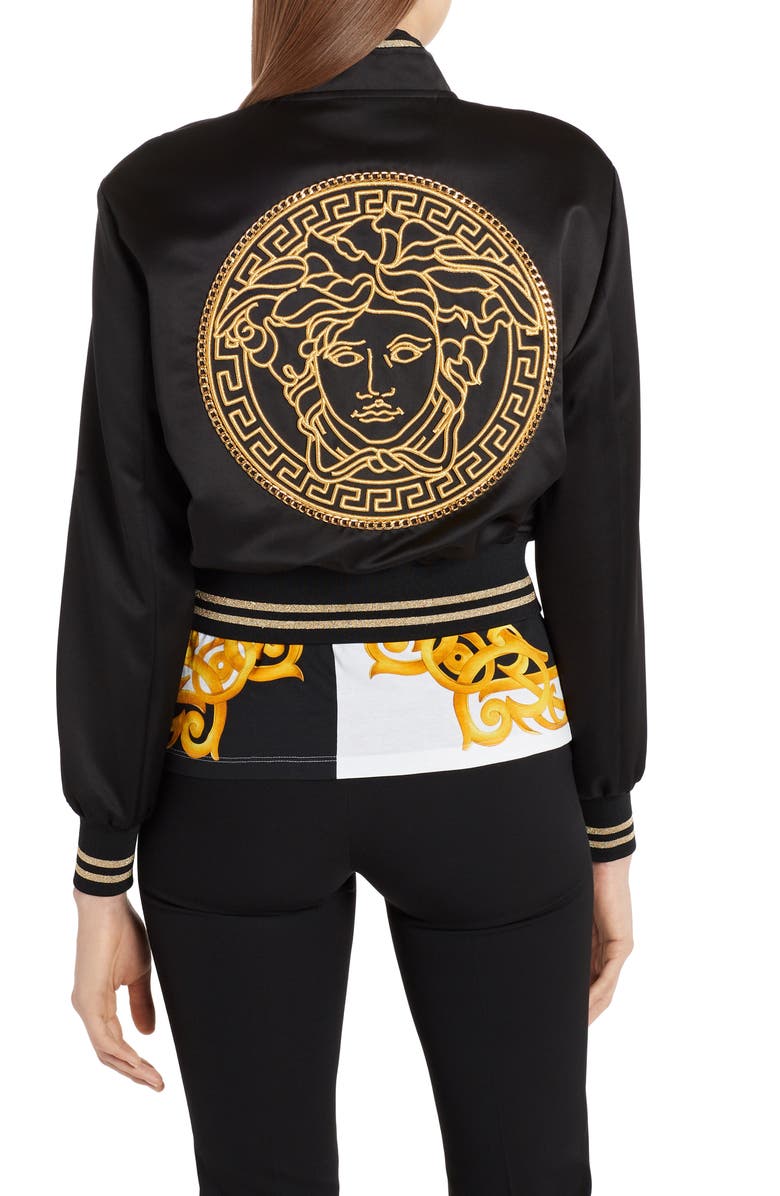 Versace Embroidered Medusa Logo Back Satin Bomber Jacket, Alternate, color, 