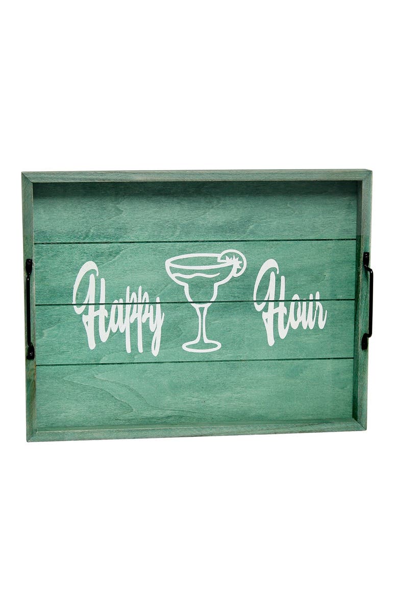 LALIA HOME Decorative Wood Serving Tray with Handles - 15.5" x 12" - "Happy Hour", Main, color, Aqua Wash