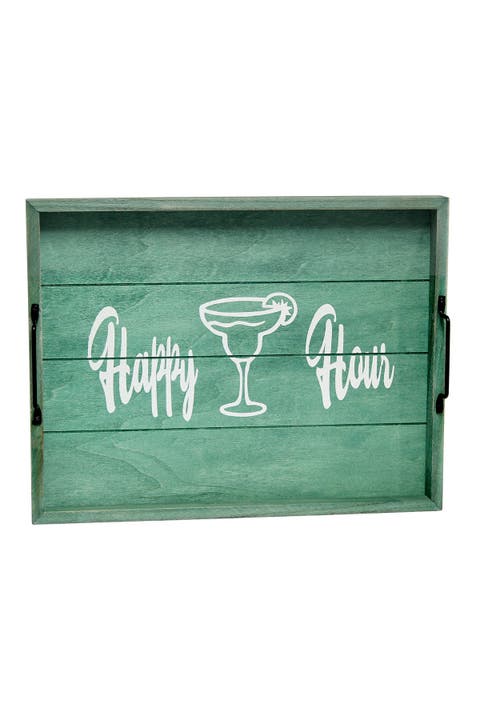 Decorative Wood Serving Tray with Handles - 15.5" x 12" - "Happy Hour"