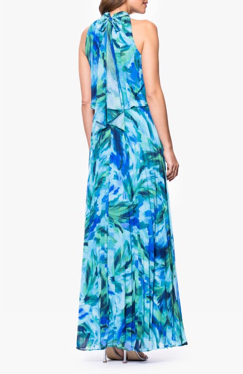 Xscape Evenings Abstract Floral Pleated Chiffon Gown In Blue