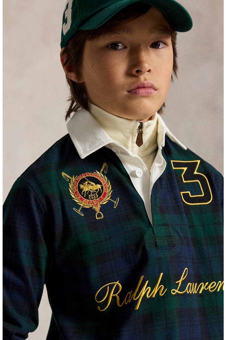 Kids' Plaid Long Sleeve Cotton Jersey Rugby Polo, Alternate, color, BLACKWATCH TARTAN