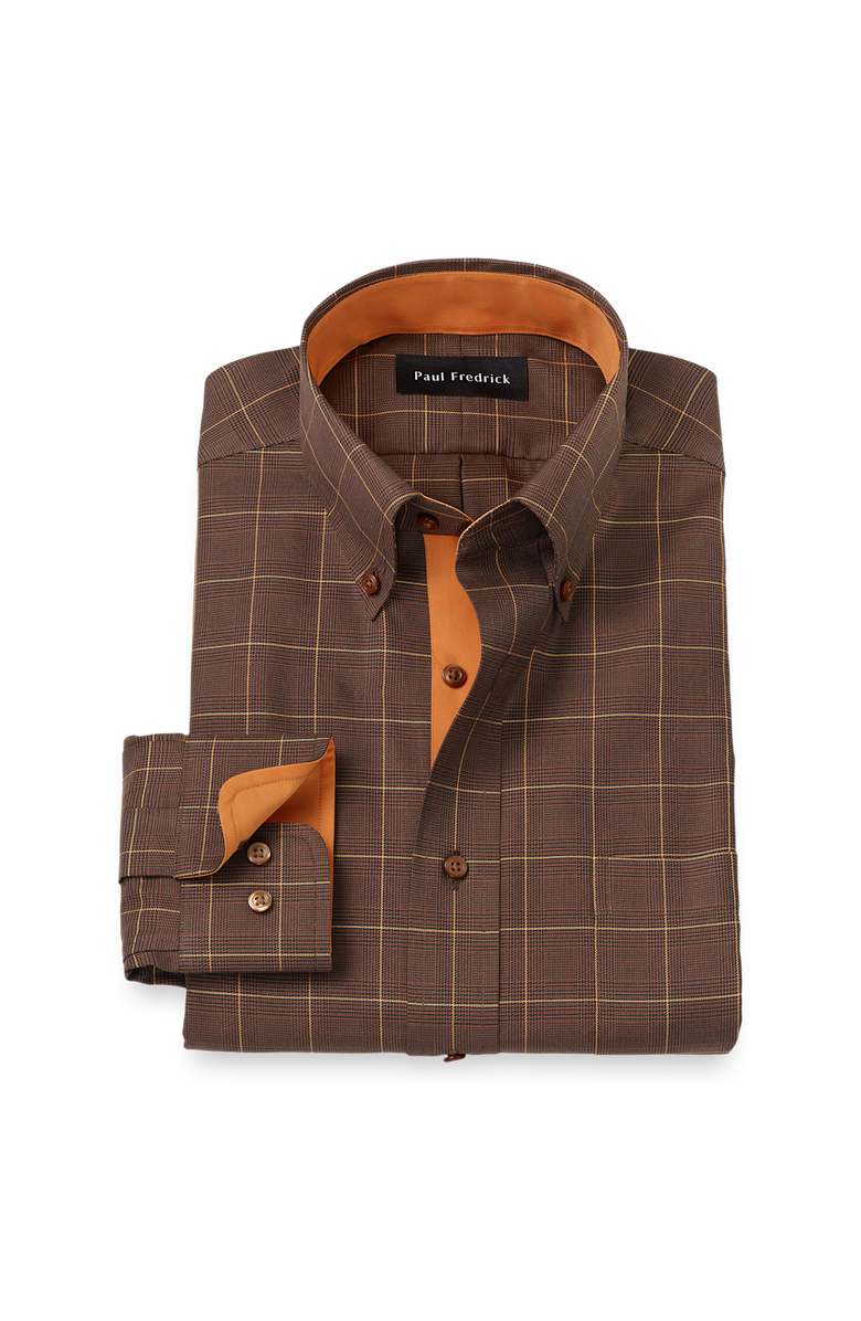 Paul Fredrick Comfort Stretch Non-iron Windowpane Dress Shirt With Contrast Trim, Main, color, Brown/Orange