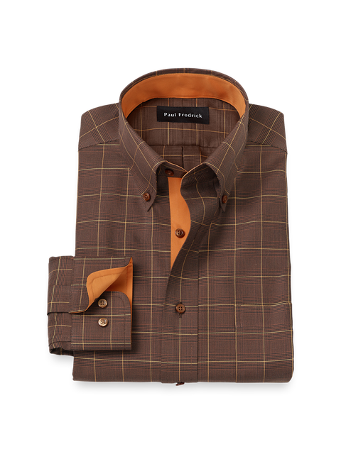 Comfort Stretch Non-iron Windowpane Dress Shirt With Contrast Trim