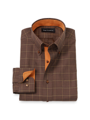 Paul Fredrick Tailored Fit Comfort Stretch Non-iron Windowpane Dress Shirt With Contrast Trim