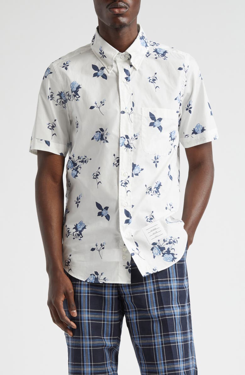 Thom Browne Straight Fit Floral Short Sleeve Cotton Poplin Button-Down Shirt, Main, color, 