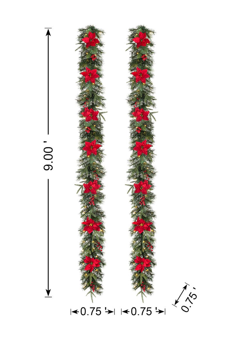 Set of 2 Pre-Lit Poinsettia Christmas Garland with Timer, Alternate, color, Red