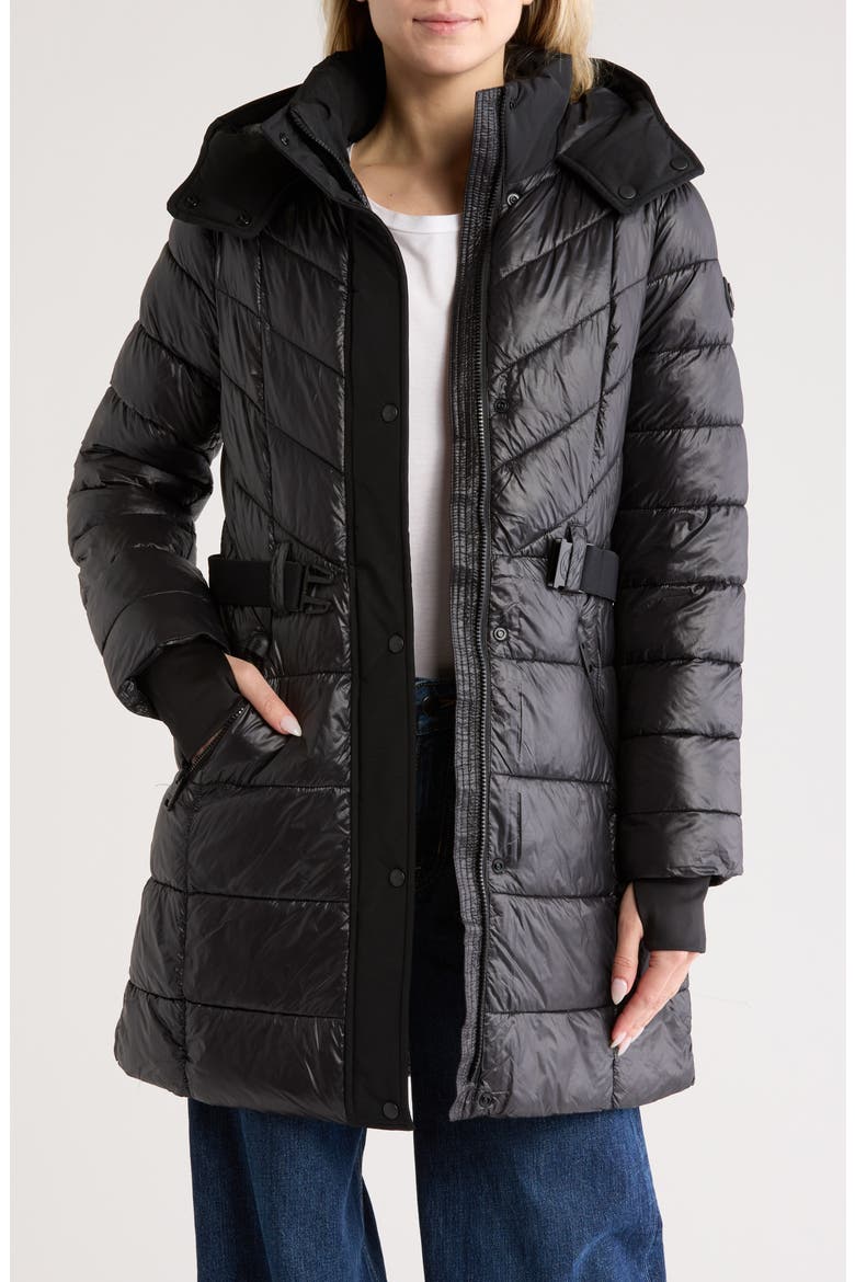 Hooded Belted Long Puffer Jacket, Alternate, color, BLACK