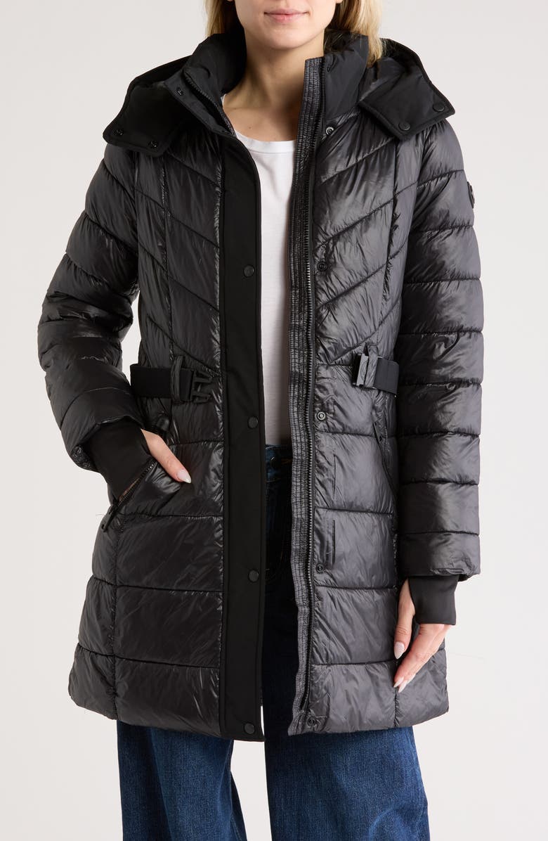 Michael Kors Hooded Belted Long Puffer Jacket, Alternate, color,