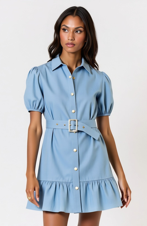 Modenaire Short Sleeve Belted Button-up Mini Dress With Puff Sleeves