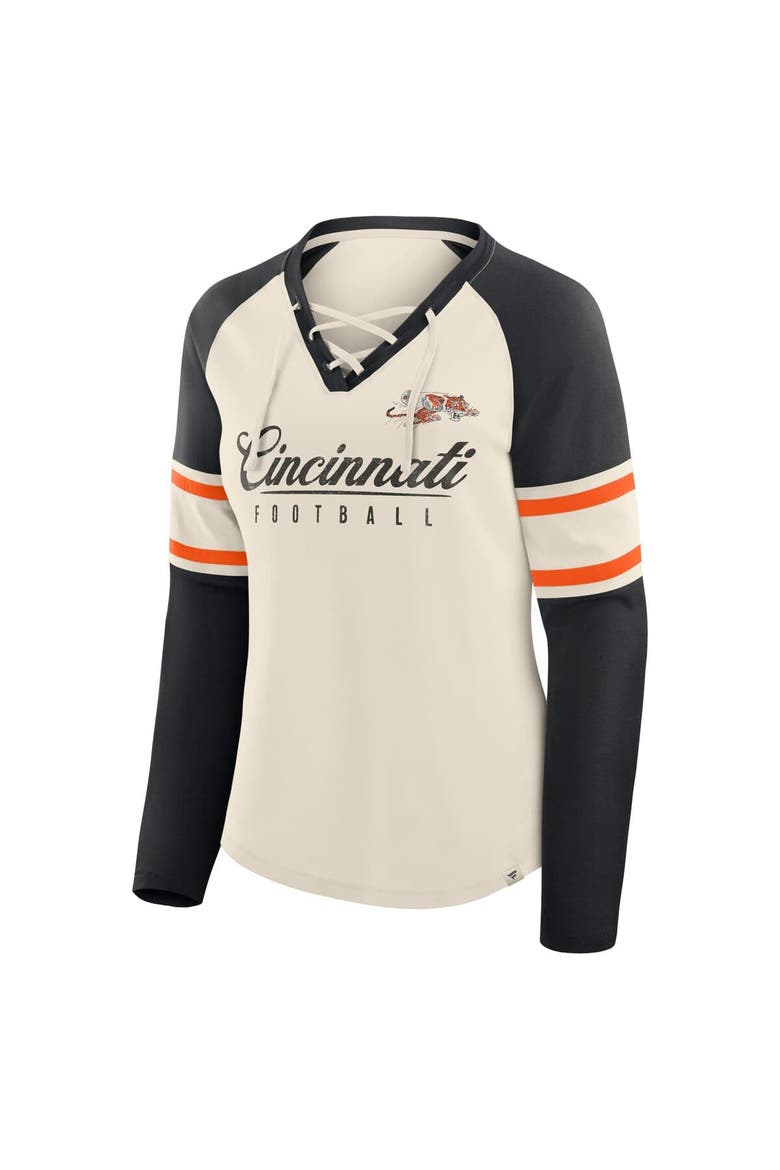 Women's Fanatics Cream/Black Cincinnati Bengals Hometown Gridiron Hero Raglan Lace-Up V-Neck Long Sleeve T-Shirt, Alternate, color, Cream