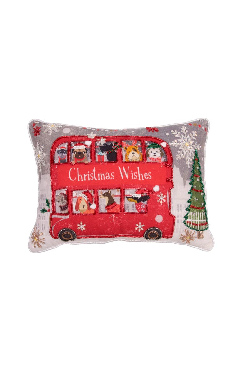C&F Home Double-Decker Bus "Christmas Wishes" Dogs Passengers Cotton Blend Mini Accent Pillow 10" x 14", Main, color, Red