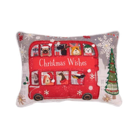 Double-Decker Bus "Christmas Wishes" Dogs Passengers Cotton Blend Mini Accent Pillow 10" x 14"