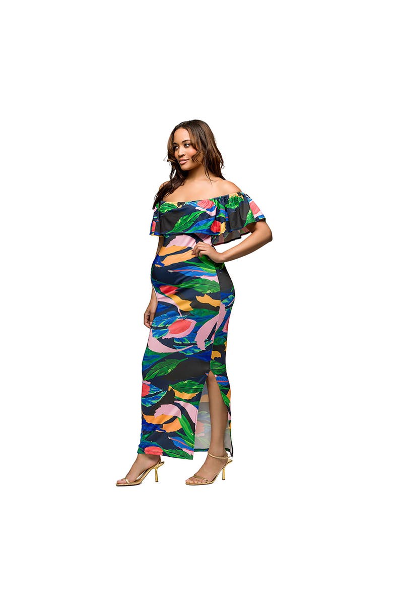 24seven Comfort Apparel Maternity Off Shoulder Multicolor Print Side Slit Maxi Dress, Alternate, color, Blue Multi