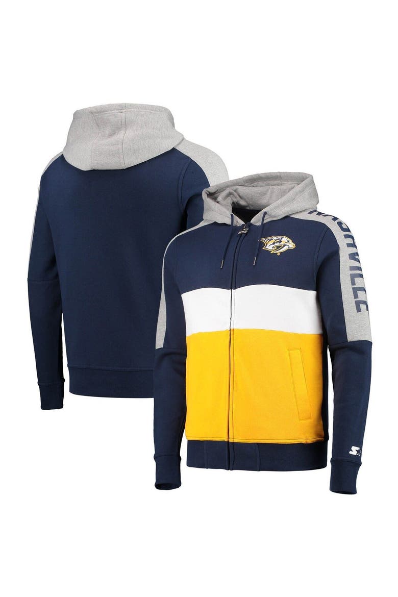 Men's Starter Navy/Gold Nashville Predators Playoffs Color Block Full-Zip Hoodie, Main, color, Navy