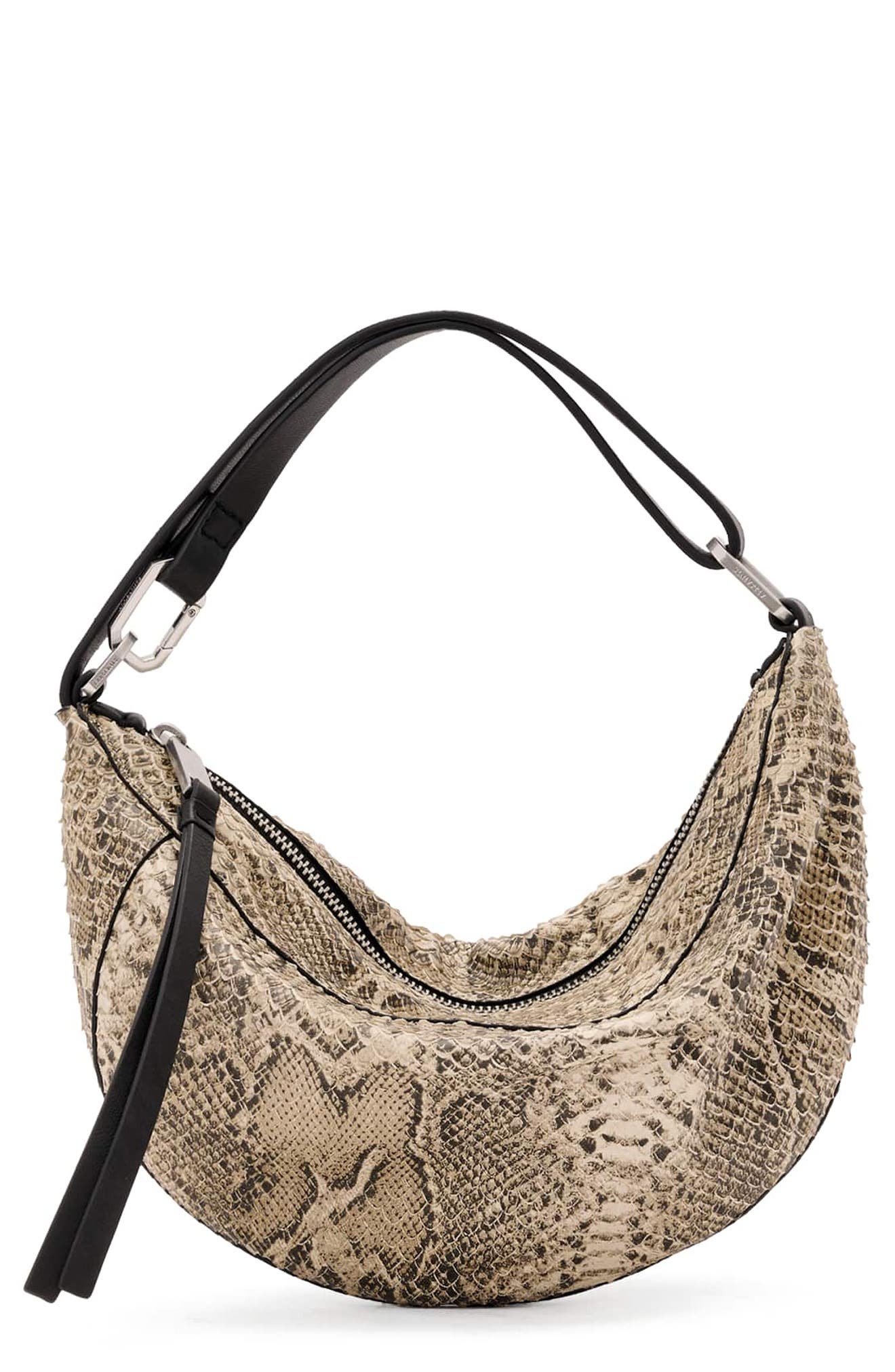 AllSaints Mirco Luna Snakeskin Embossed Leather Shoulder Bag, Main, color, Desert White