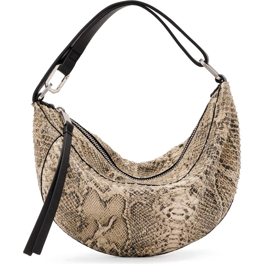Allsaints Mirco Luna Snakeskin Embossed Leather Shoulder Bag In Brown