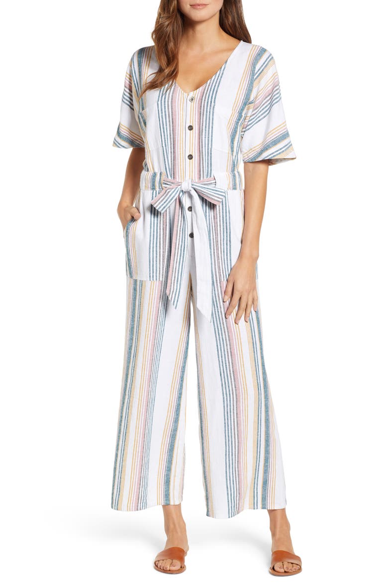Linen Blend Jumpsuit, Main, color, IVORY MULTI STRIPE