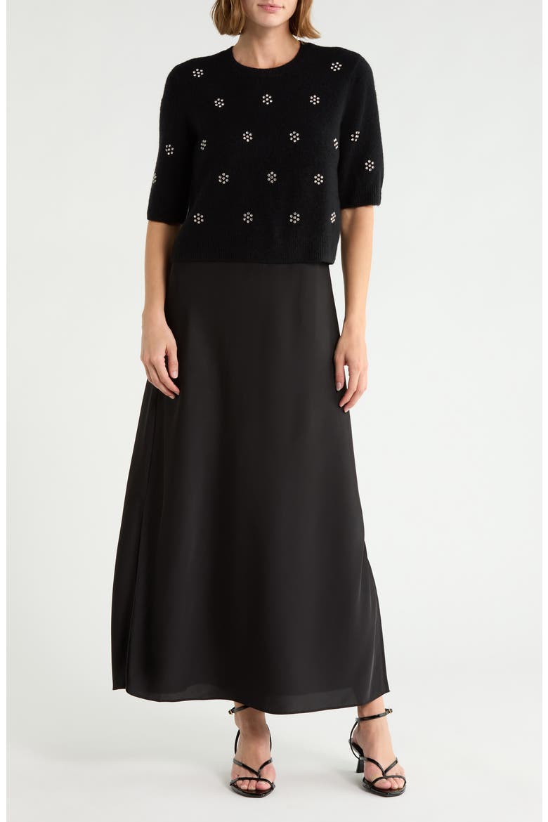 Satin Maxi Slipdress & Short Sleeve Sweater Set, Main, color, RICH BLACK
