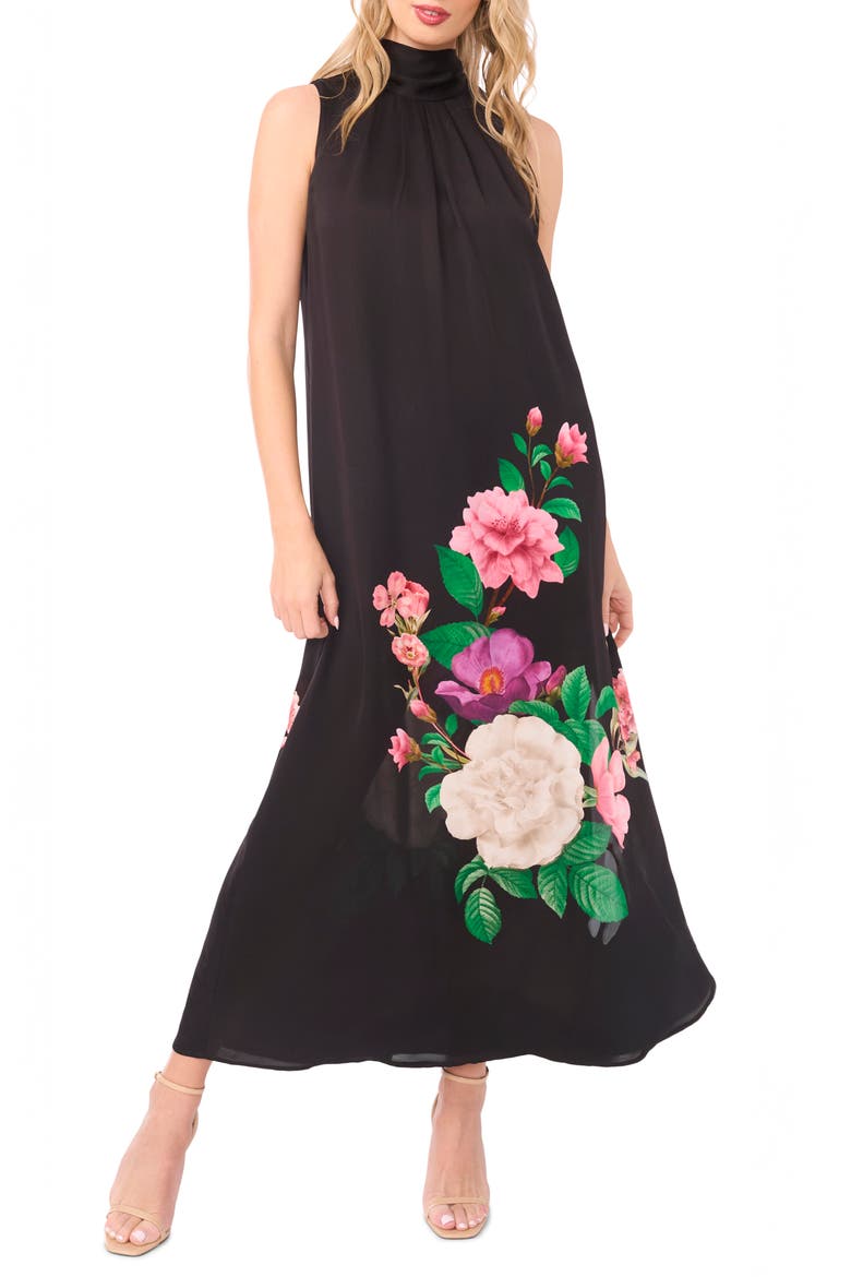 Anna Placed Floral High Neck Maxi Dress, Main, color, RICH BLACK