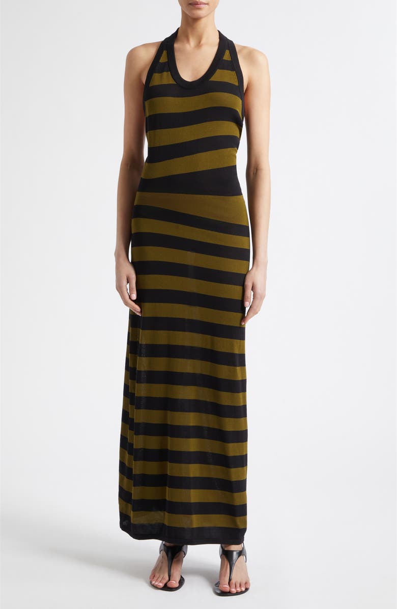 Proenza Schouler Frann Stripe Cotton Knit Halter Maxi Dress, Main, color, Black Multi