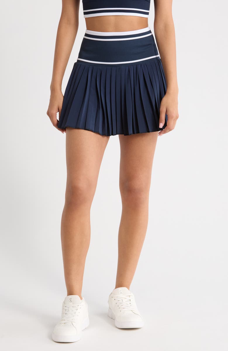 Zella Mixed Media Pleated Sport Skirt, Main, color, Navy Sapphire