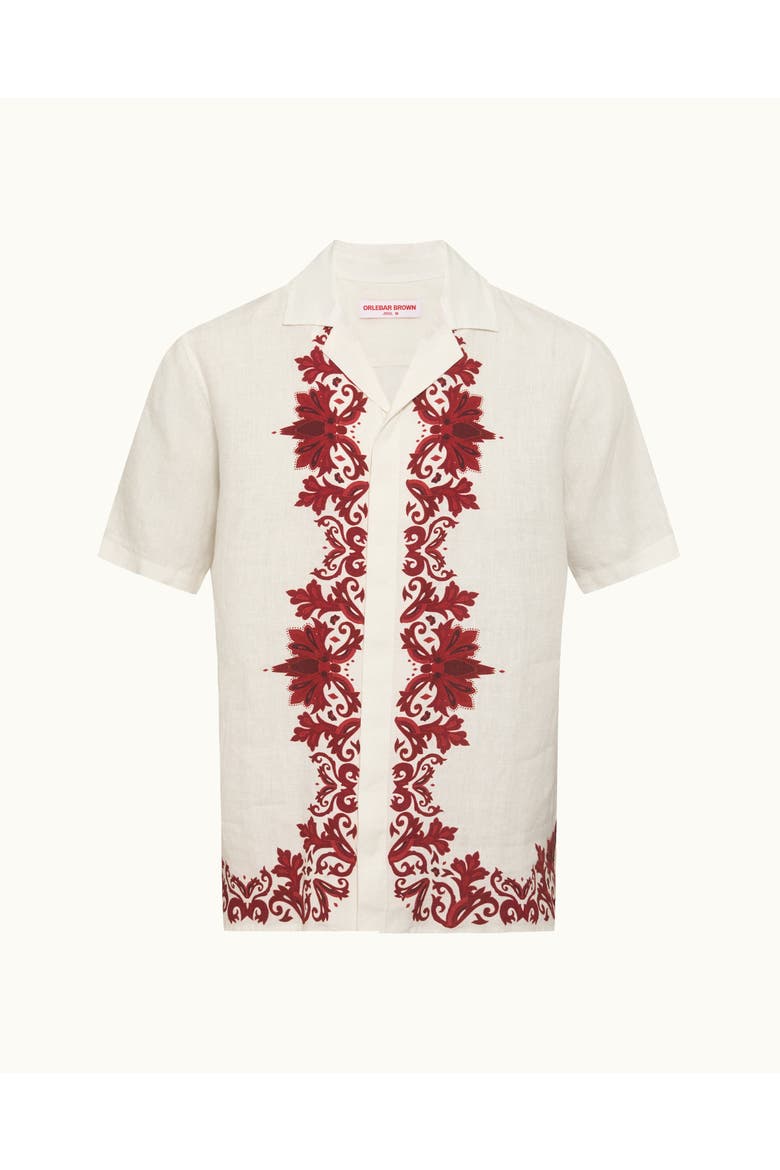 Maitan Linen Relaxed Fit Linen Mirabello Border Shirt, Alternate, color, White/Vermillion